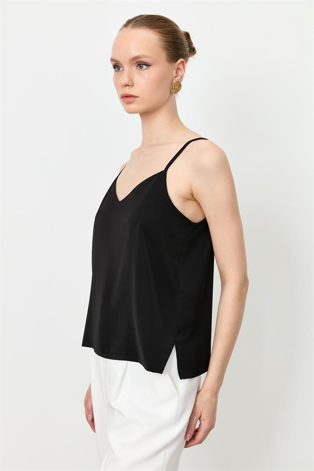 Askılı V Yaka Bluz-SİYAH