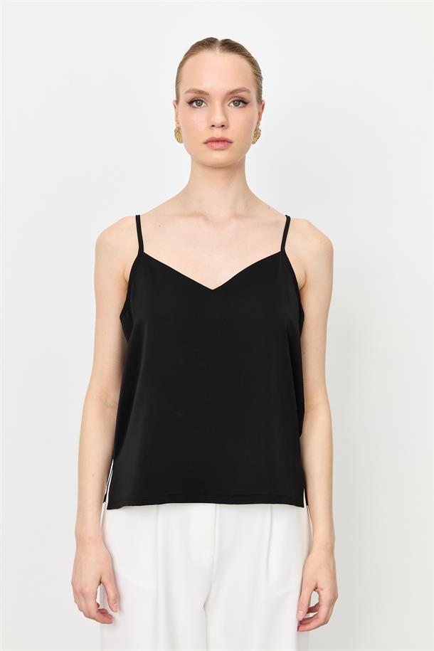 Askılı V Yaka Bluz-SİYAH