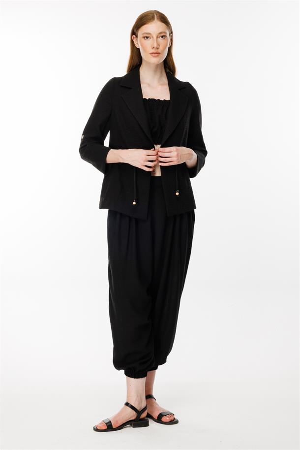 Ayaralanabilir İp Detaylı Keten Ceket-SİYAH