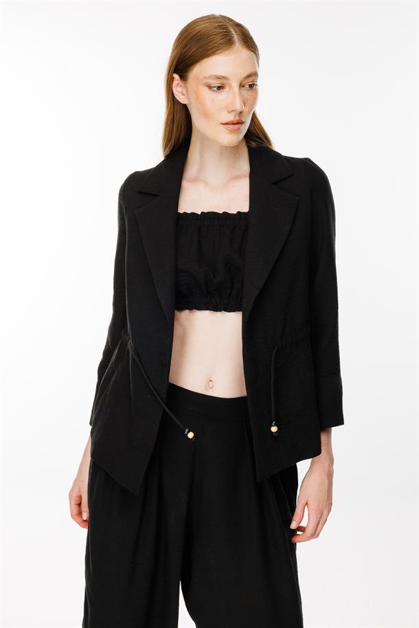 Ayaralanabilir İp Detaylı Keten Ceket-SİYAH