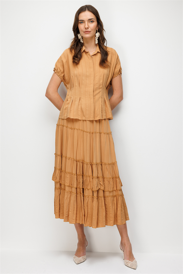 Ayarlanabilir Kol Detaylı Gömlek-KARAMEL