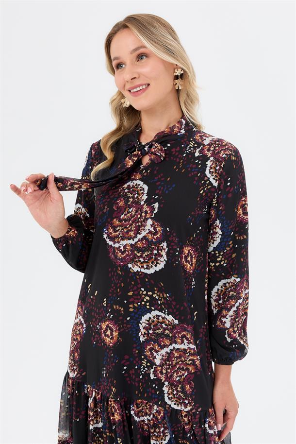 Bağlama Detaylı Büyük Beden Elbise-SİYAH