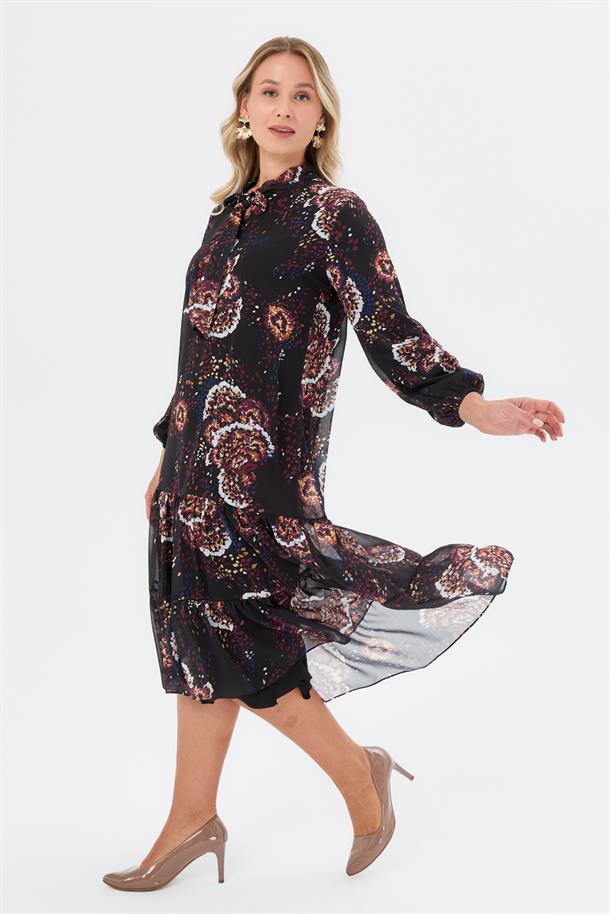 Bağlama Detaylı Büyük Beden Elbise-SİYAH