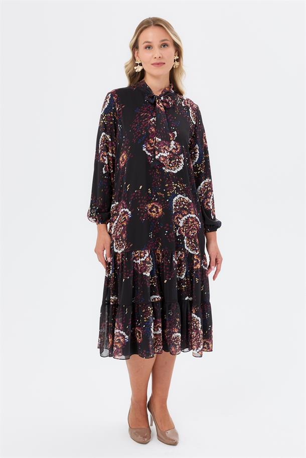 Bağlama Detaylı Büyük Beden Elbise-SİYAH