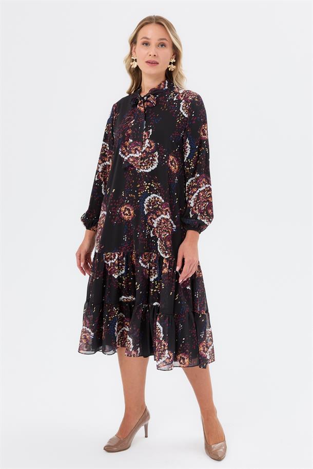 Bağlama Detaylı Büyük Beden Elbise-SİYAH