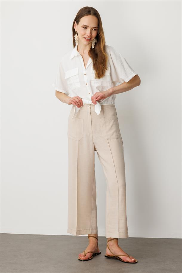 Bağlama Detaylı Crop Gömlek-EKRU