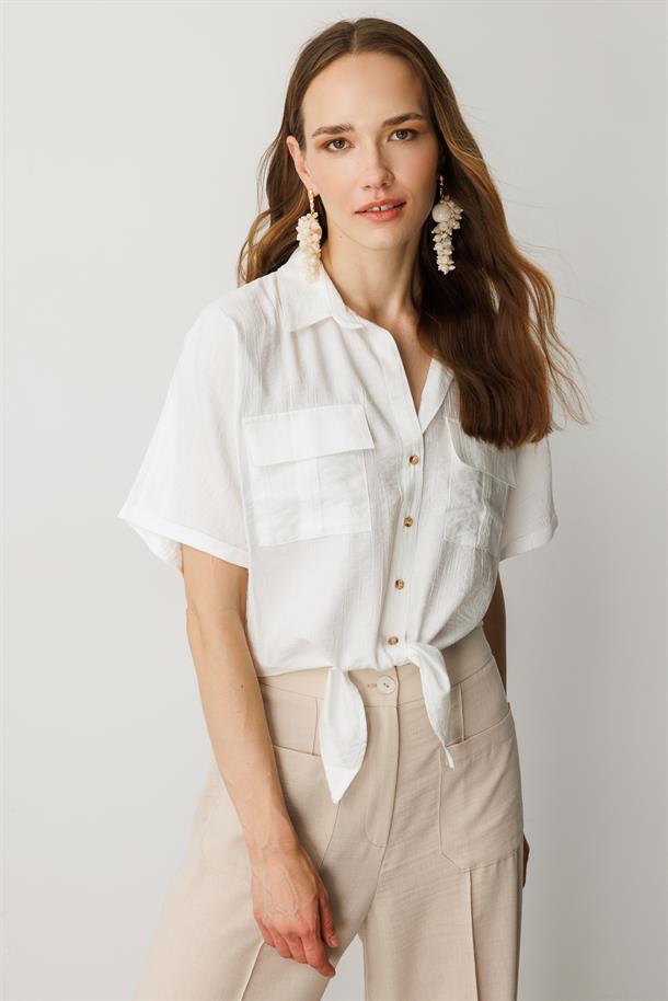Bağlama Detaylı Crop Gömlek-EKRU