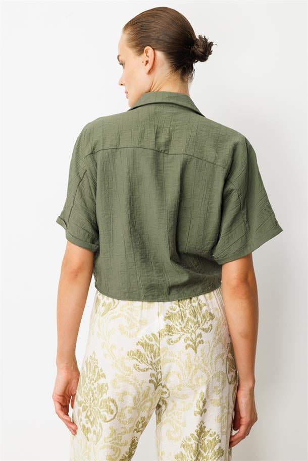 Bağlama Detaylı Crop Gömlek-HAKİ