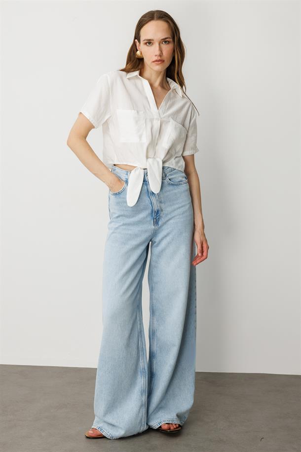 Bağlama Detaylı Kısa Gömlek-EKRU