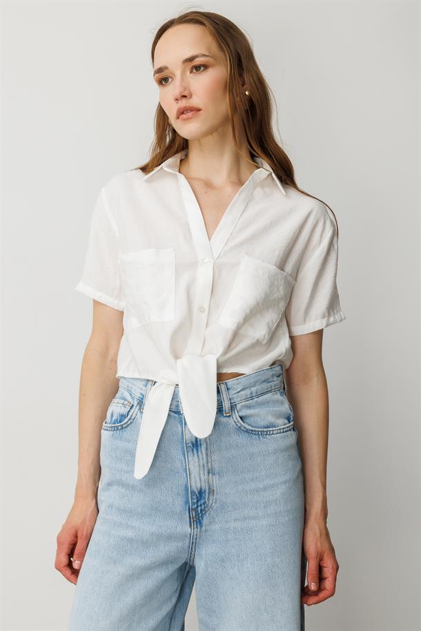Bağlama Detaylı Kısa Gömlek-EKRU