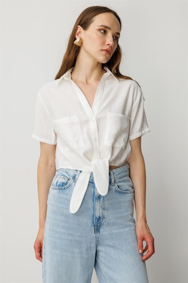 Bağlama Detaylı Kısa Gömlek-EKRU