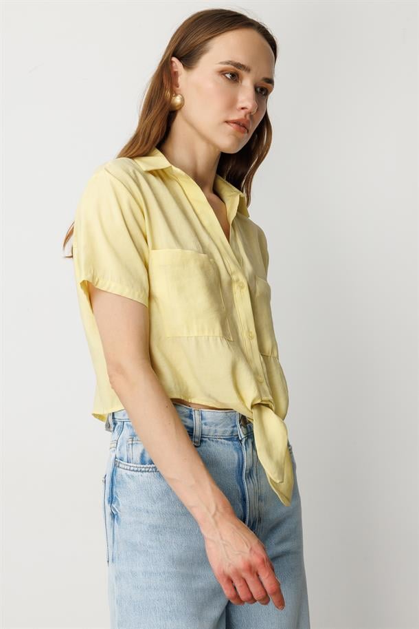 Bağlama Detaylı Kısa Gömlek-SARI