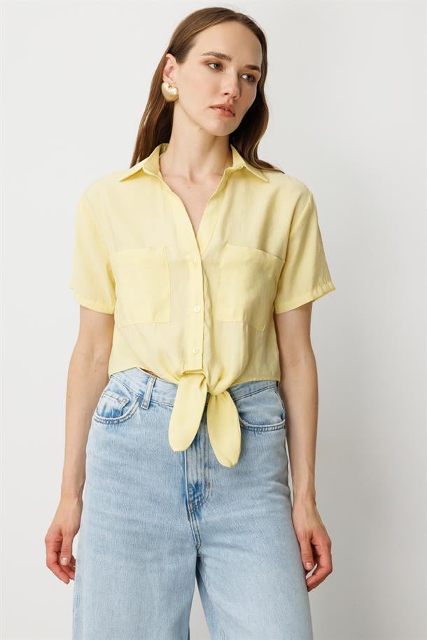Bağlama Detaylı Kısa Gömlek-SARI