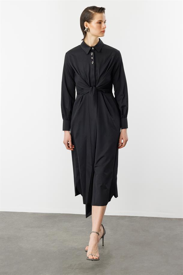 Bağlama Detaylı Uzun Gömlek Elbise-SİYAH