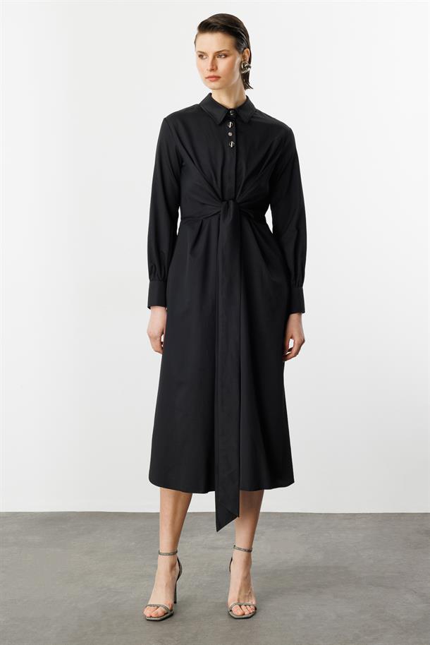Bağlama Detaylı Uzun Gömlek Elbise-SİYAH