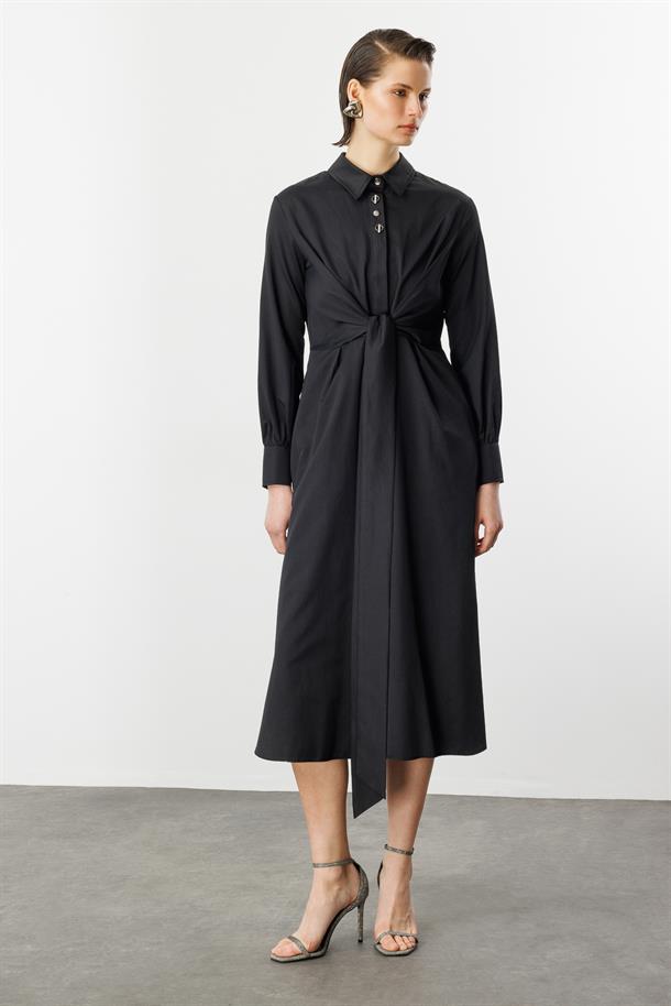 Bağlama Detaylı Uzun Gömlek Elbise-SİYAH