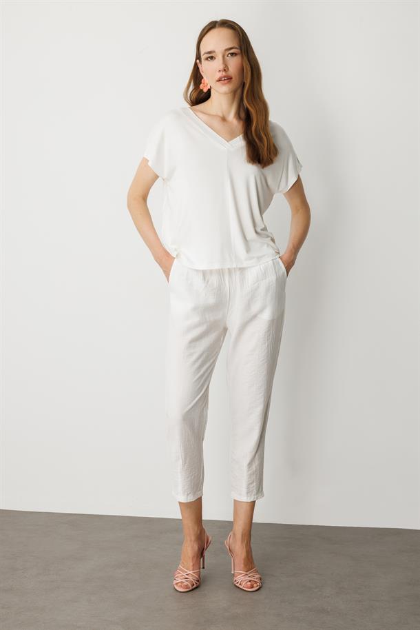 Bağlama Detaylı V Yaka Penye Tişört-KEMIK