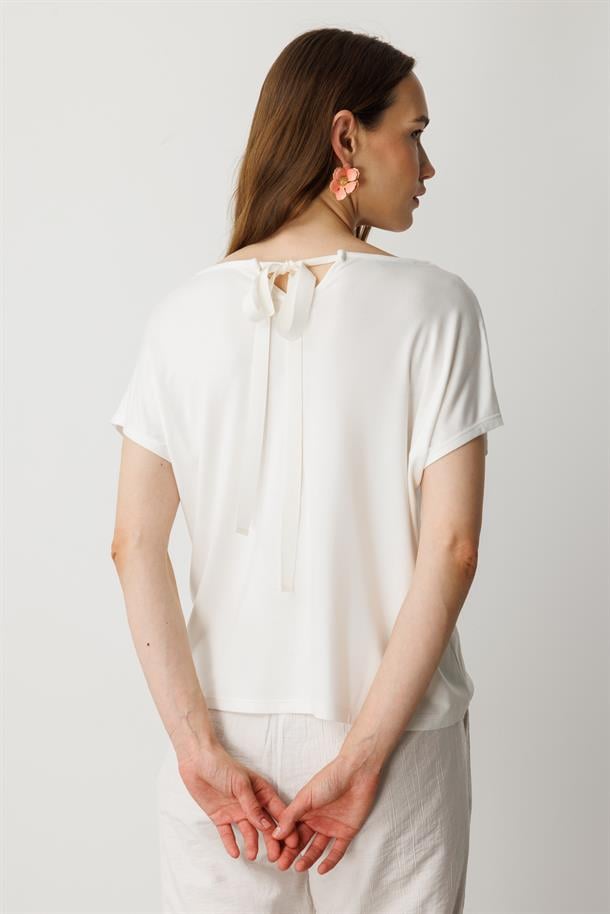 Bağlama Detaylı V Yaka Penye Tişört-KEMIK