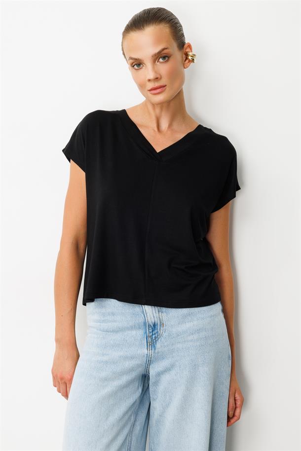 Bağlama Detaylı V Yaka Penye Tişört-SİYAH