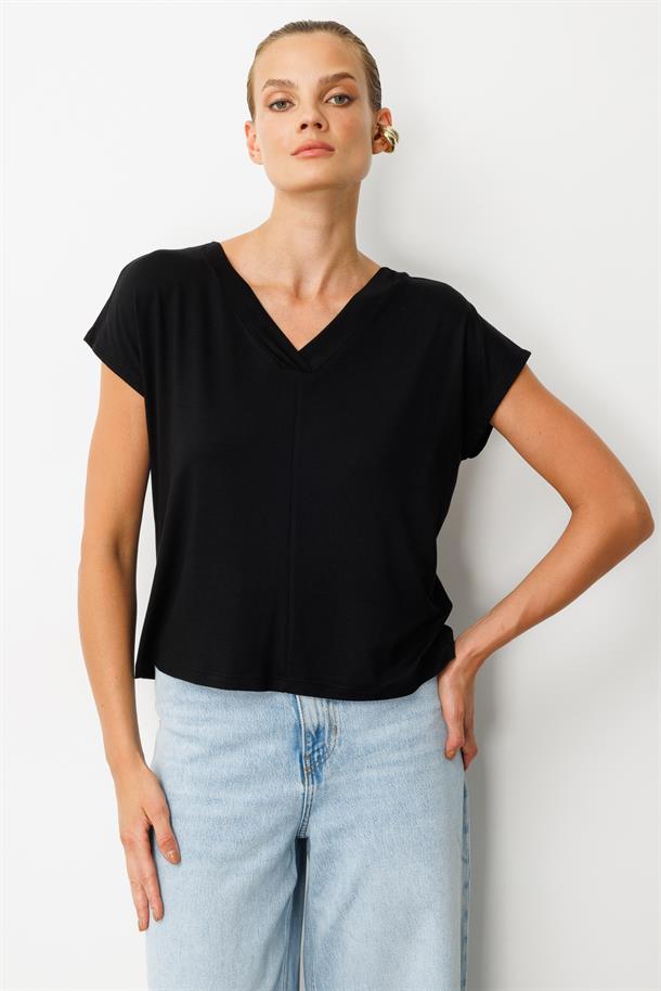 Bağlama Detaylı V Yaka Penye Tişört-SİYAH