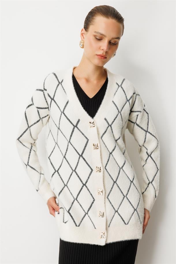 Baklava Desenli Triko Hırka-EKRU