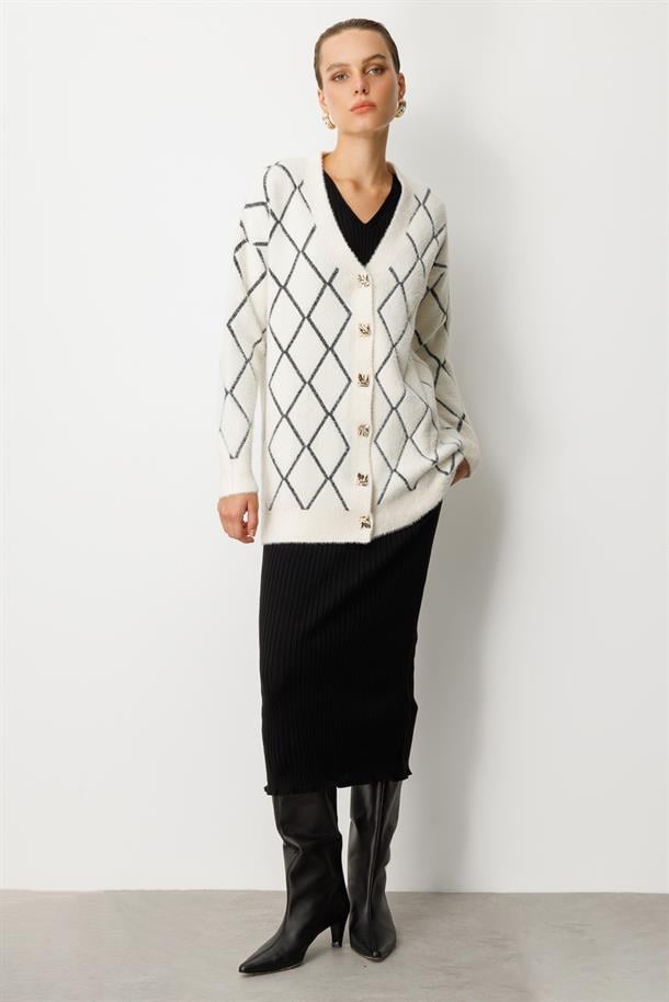 Baklava Desenli Triko Hırka-EKRU