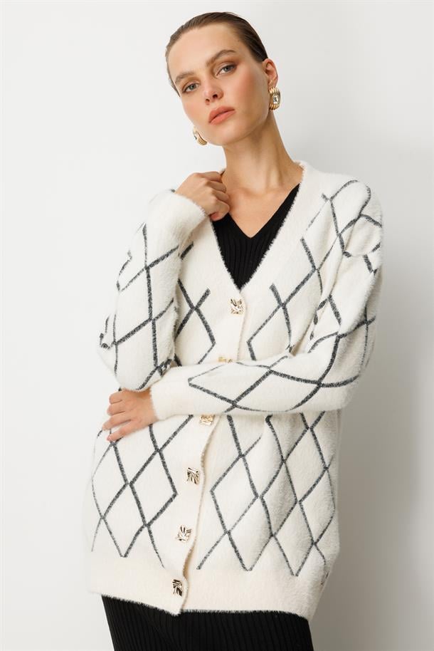 Baklava Desenli Triko Hırka-EKRU