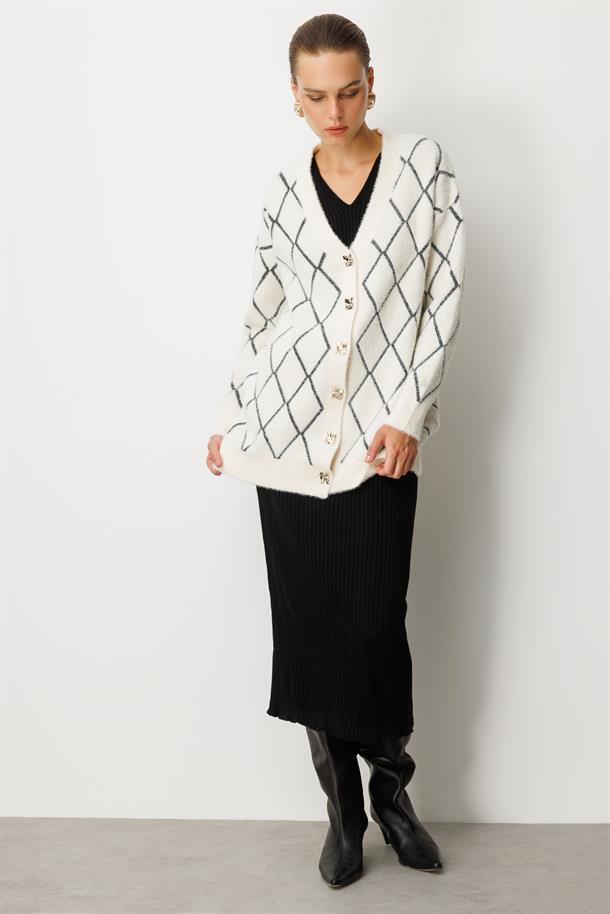 Baklava Desenli Triko Hırka-EKRU