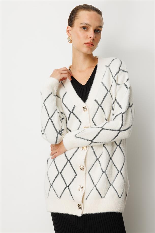 Baklava Desenli Triko Hırka-EKRU