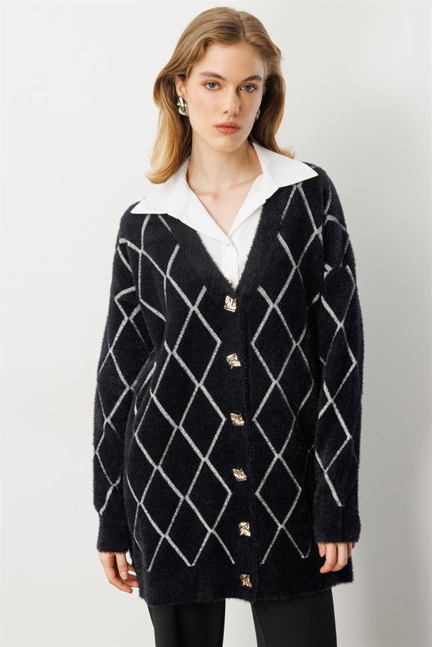 Baklava Desenli Triko Hırka-SİYAH