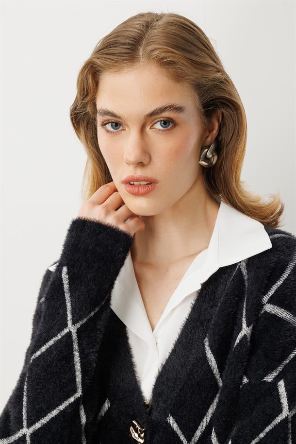 Baklava Desenli Triko Hırka-SİYAH