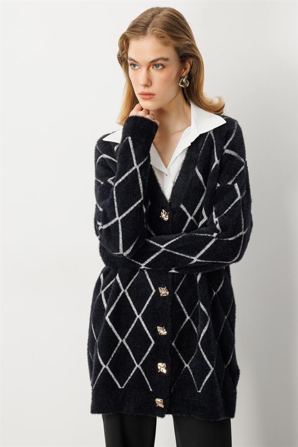 Baklava Desenli Triko Hırka-SİYAH