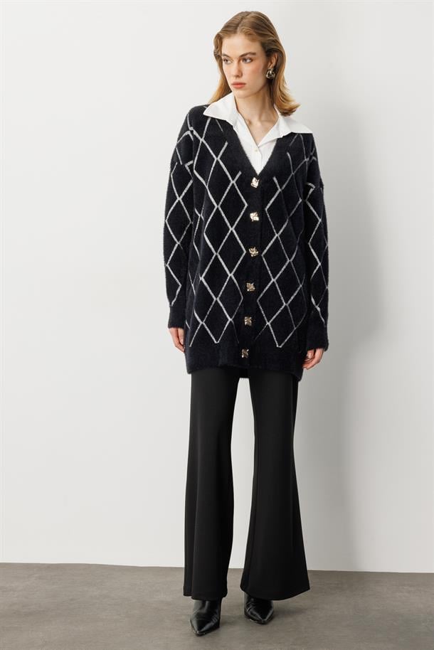 Baklava Desenli Triko Hırka-SİYAH