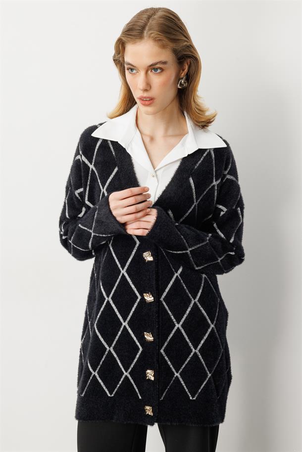 Baklava Desenli Triko Hırka-SİYAH