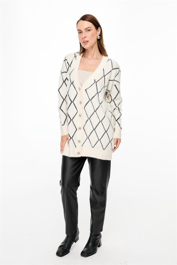 Baklava Desenli Triko Hırka-KREM