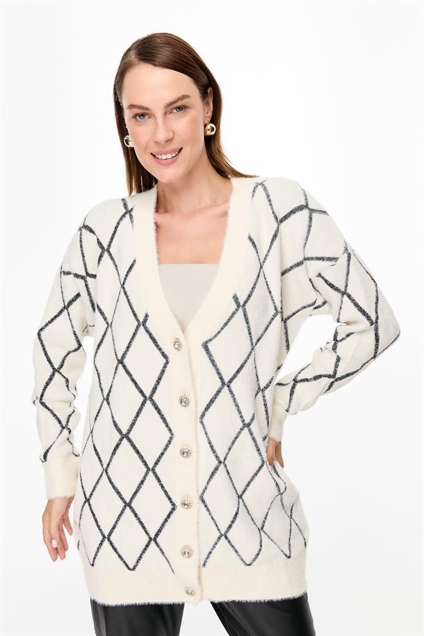 Baklava Desenli Triko Hırka-KREM