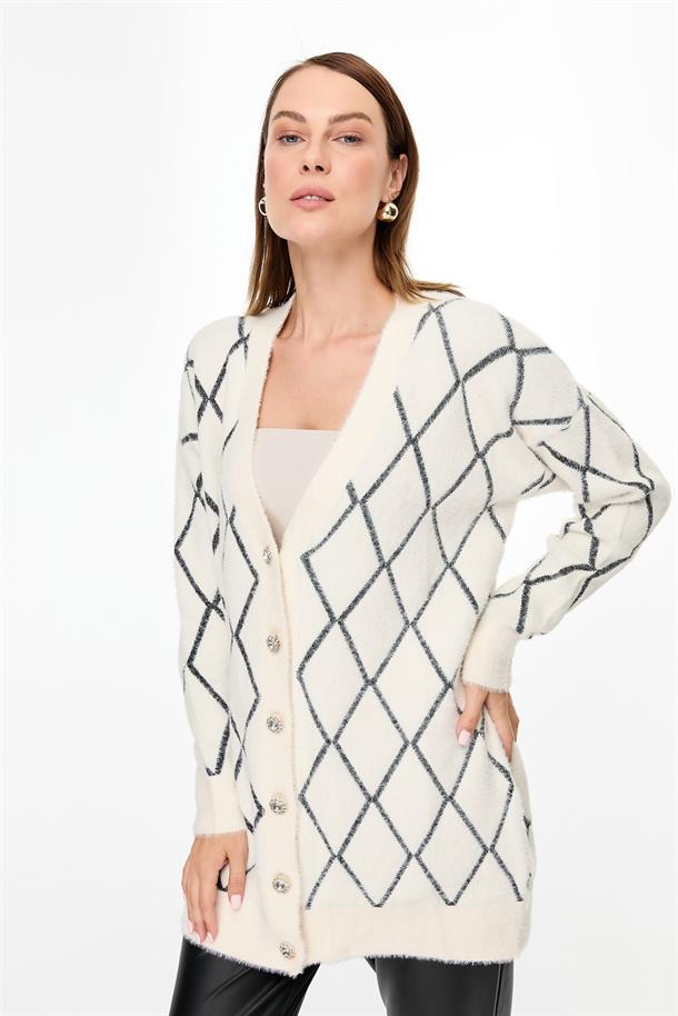 Baklava Desenli Triko Hırka-KREM