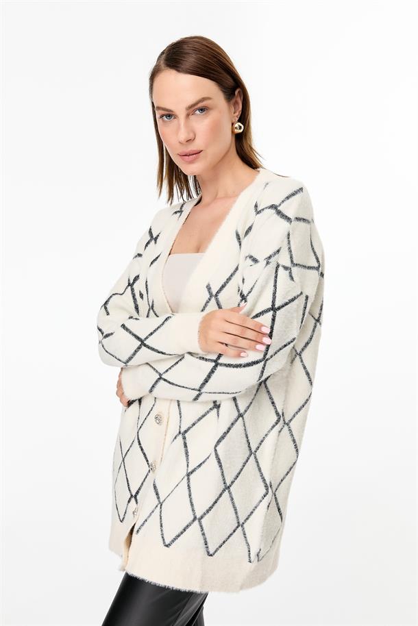 Baklava Desenli Triko Hırka-KREM