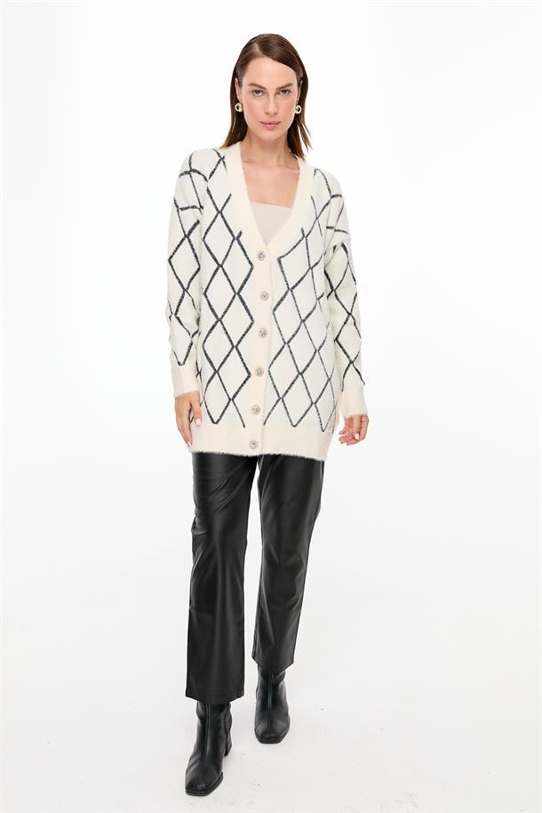 Baklava Desenli Triko Hırka-KREM