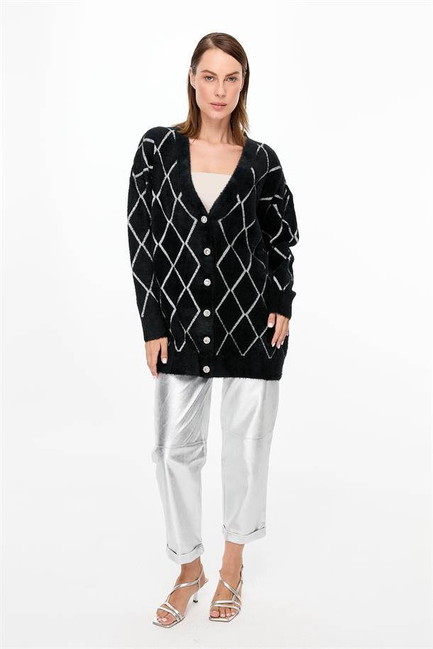 Baklava Desenli Triko Hırka-SİYAH