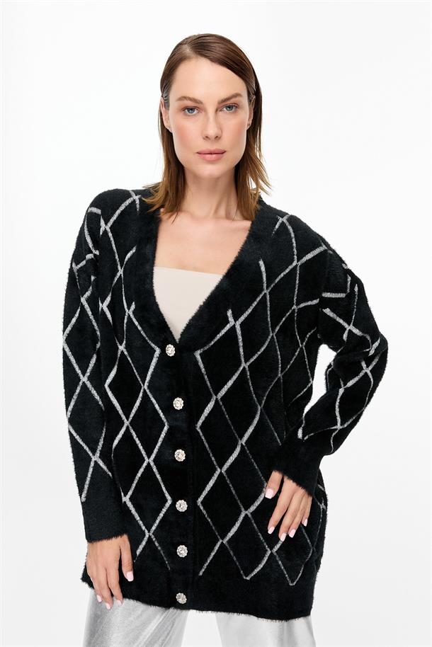 Baklava Desenli Triko Hırka-SİYAH