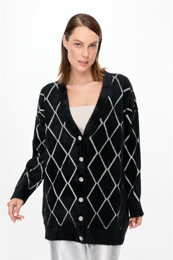 Baklava Desenli Triko Hırka-SİYAH