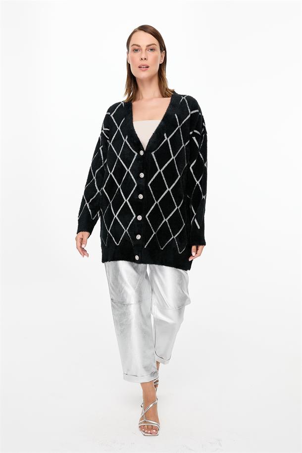 Baklava Desenli Triko Hırka-SİYAH