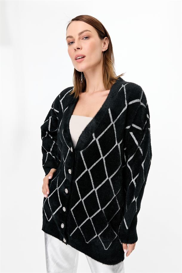 Baklava Desenli Triko Hırka-SİYAH