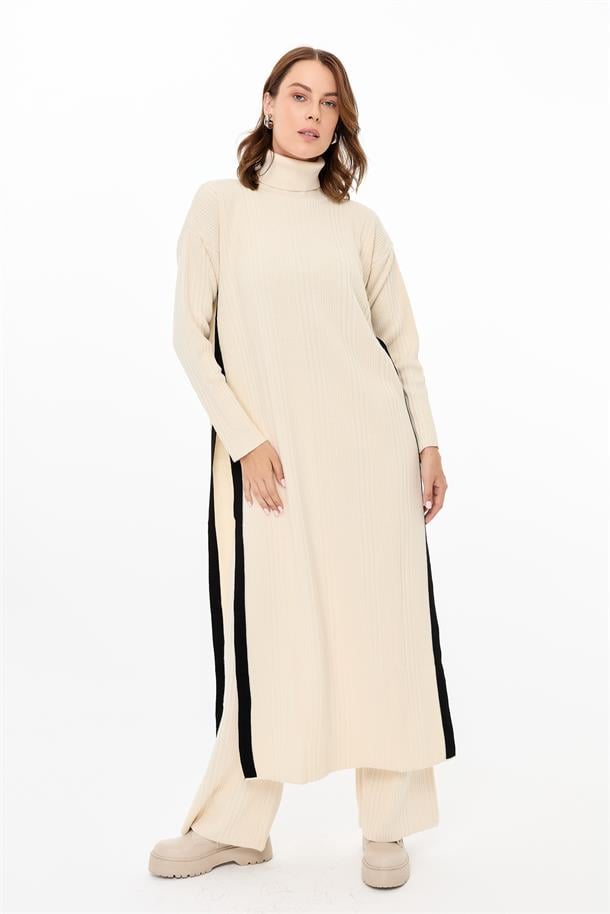 Balıkçı Yaka Tunik-Pantolon Triko Takım-EKRU