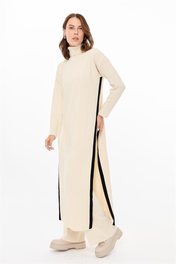 Balıkçı Yaka Tunik-Pantolon Triko Takım-EKRU