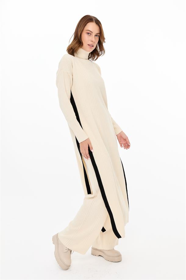 Balıkçı Yaka Tunik-Pantolon Triko Takım-EKRU