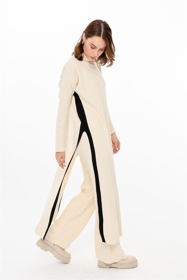 Balıkçı Yaka Tunik-Pantolon Triko Takım-EKRU