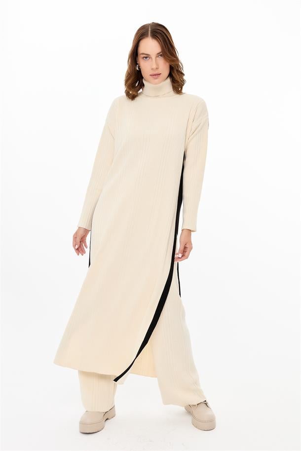 Balıkçı Yaka Tunik-Pantolon Triko Takım-EKRU