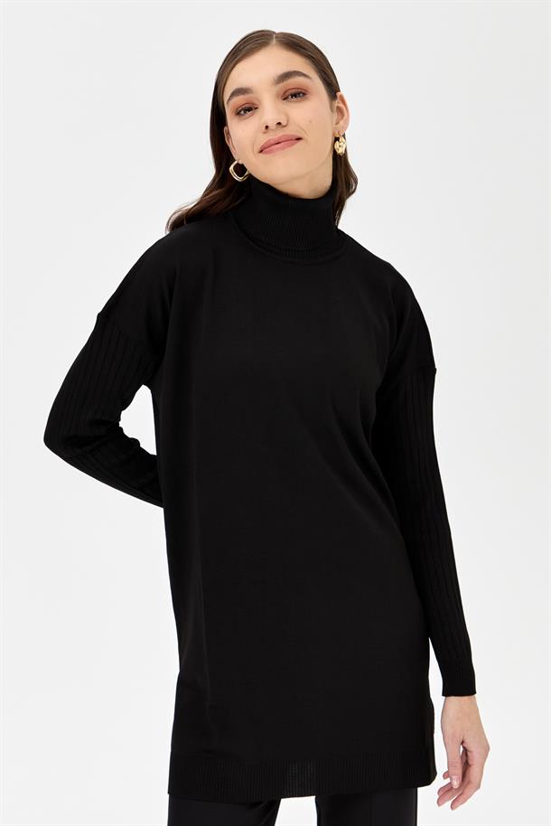 Balıkçı Yaka Kolları Fitilli Triko Tunik-SİYAH